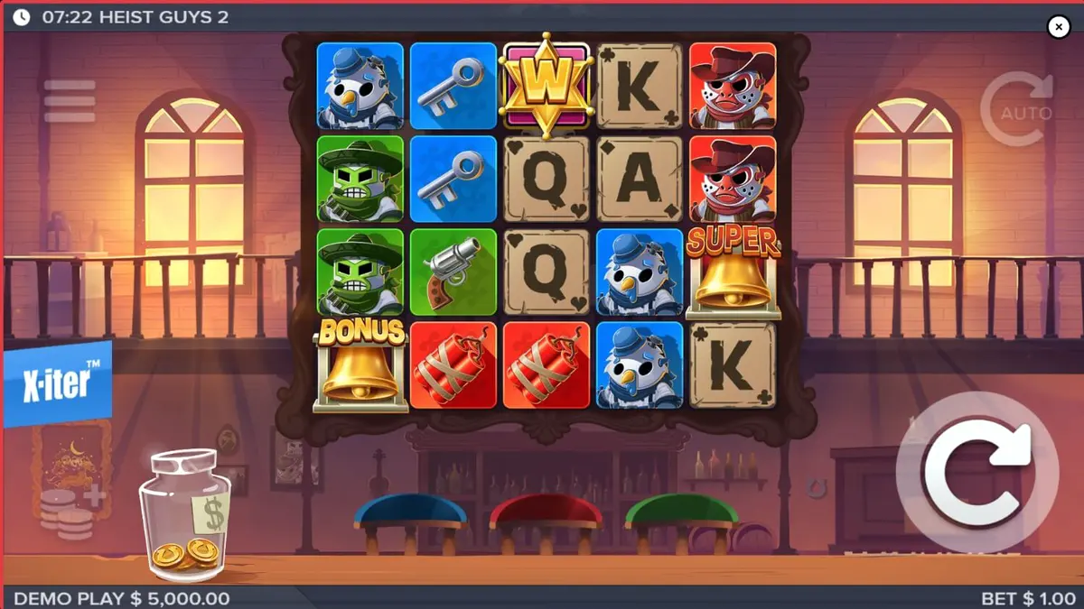 Trio bandit dalam permainan slot Heist Guys 2 dengan latar belakang Wild West